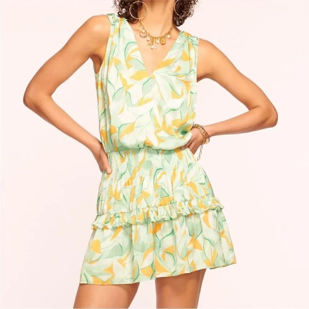 Ramy Brook NWT Printed Kiara Ruffle Mini Dress in Leaf Green Small MSRP $395
